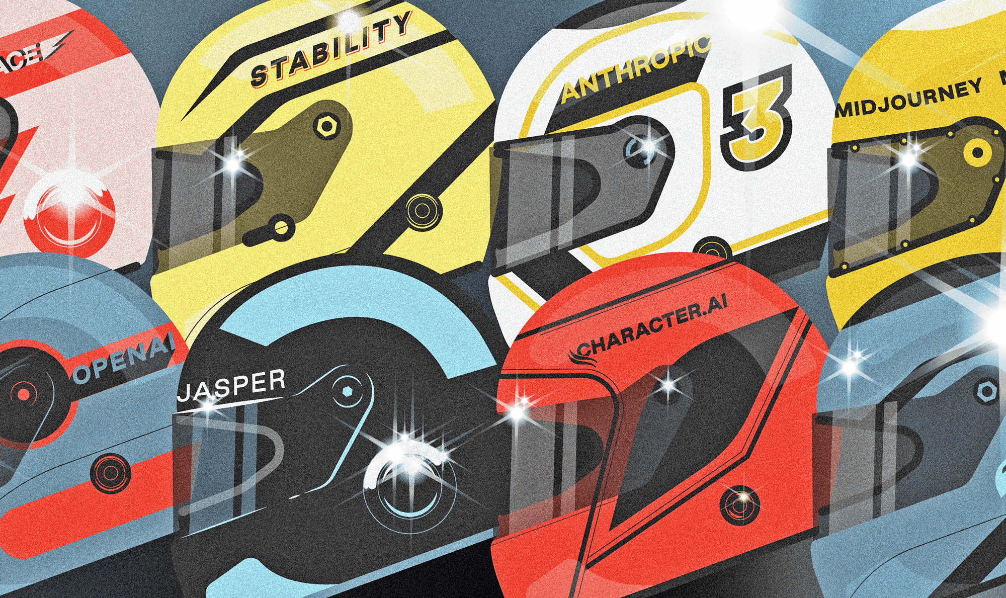 Illustrated racing helmets representing leading generative AI companies