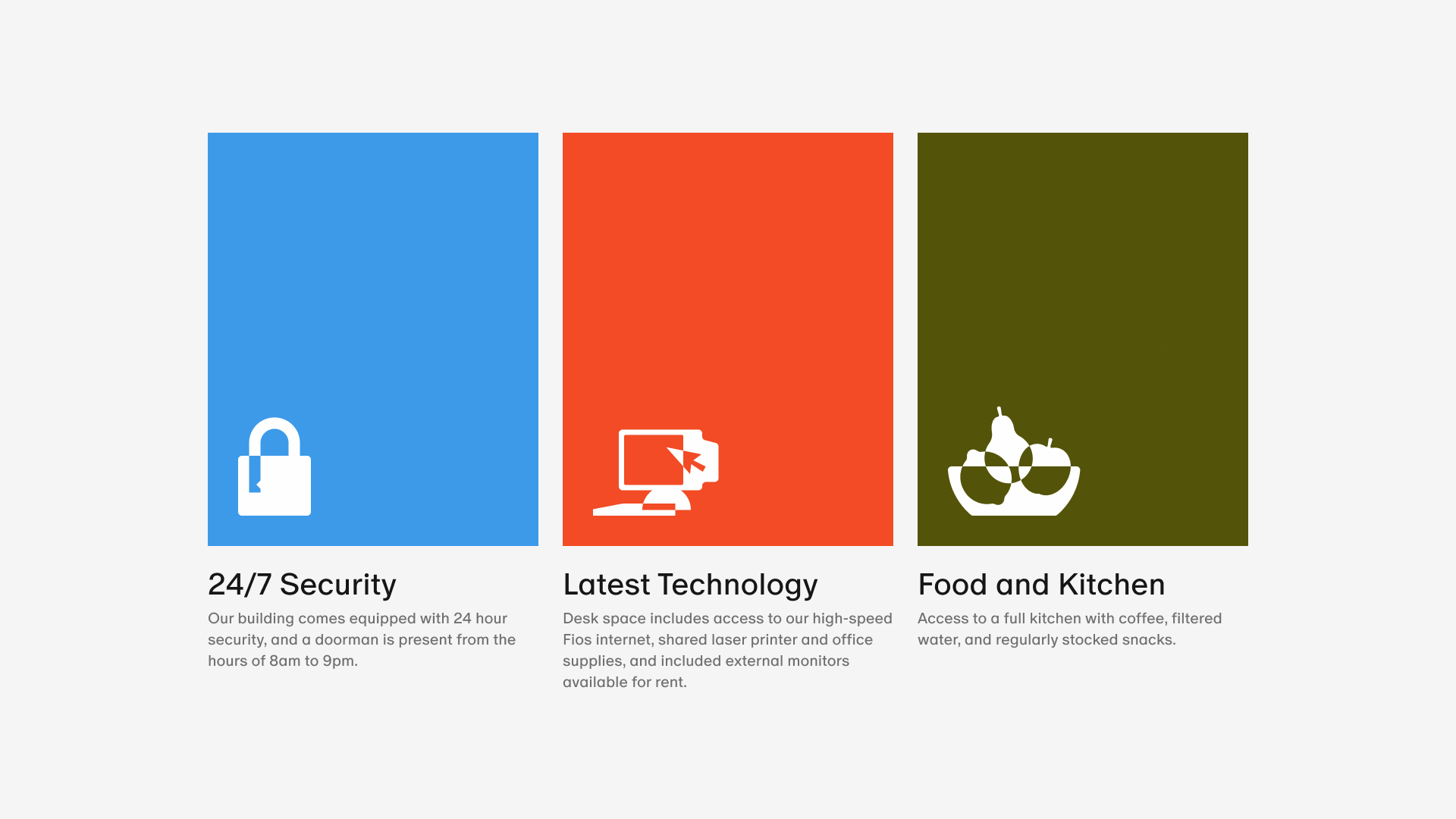 Colleague amenity illustrations for security, technology, and shared kitchens