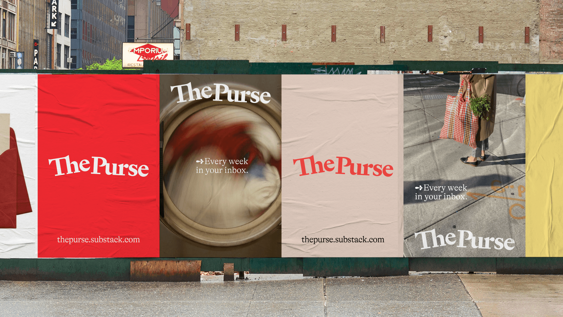 The Purse financial newsletter campaign posters installed on a city street