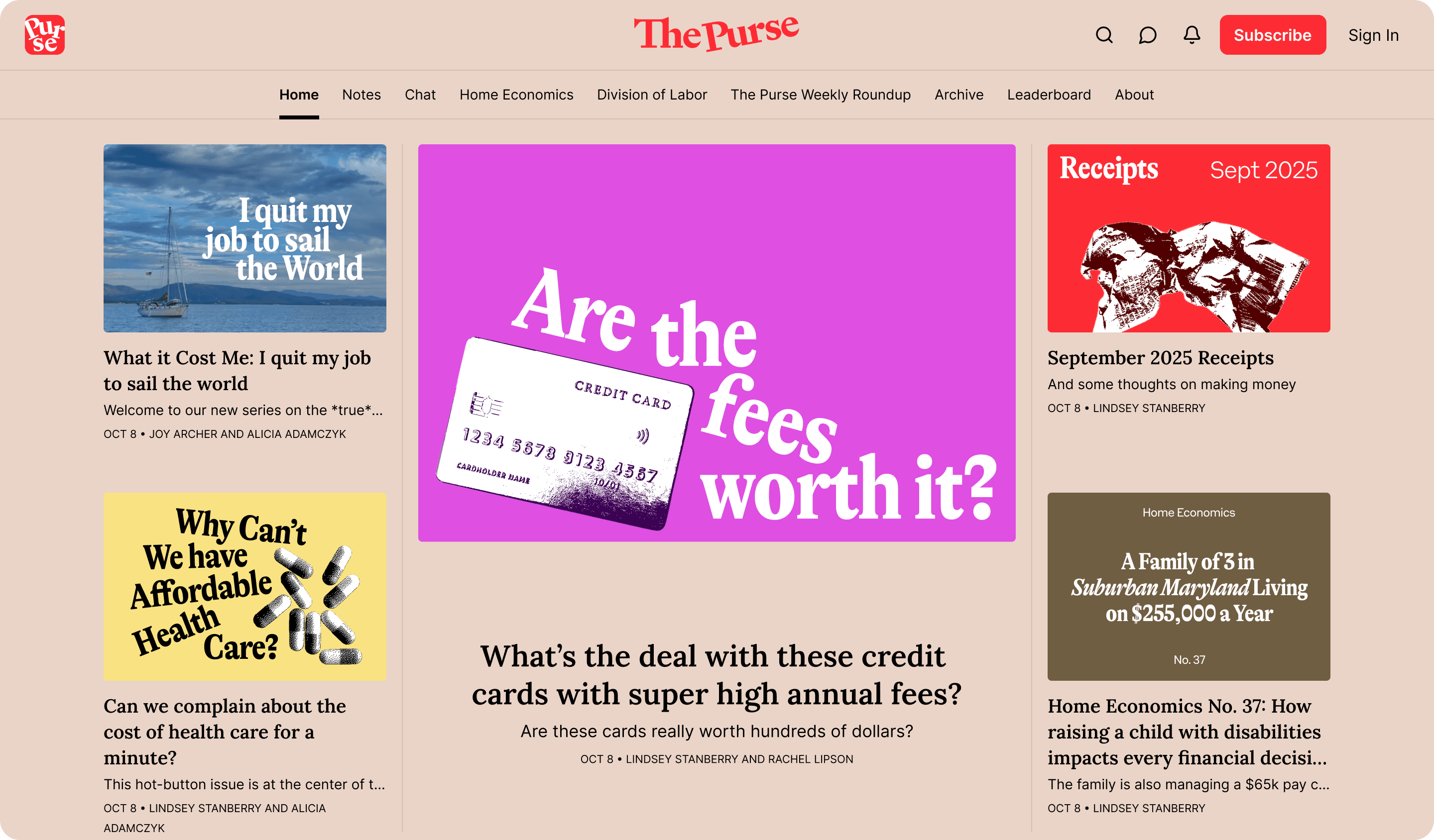 The Purse newsletter homepage with financial stories and editorial cards