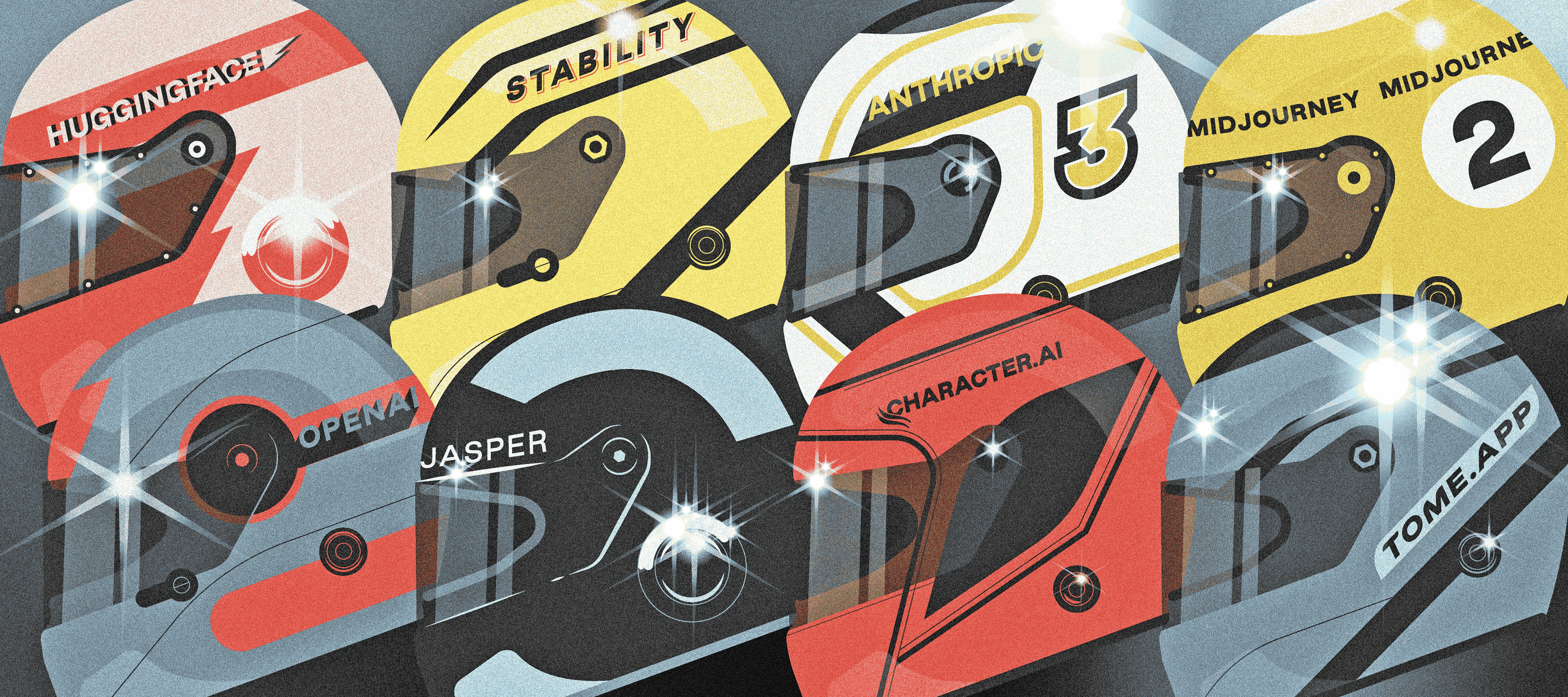 Illustrated racing helmets representing companies competing in generative AI